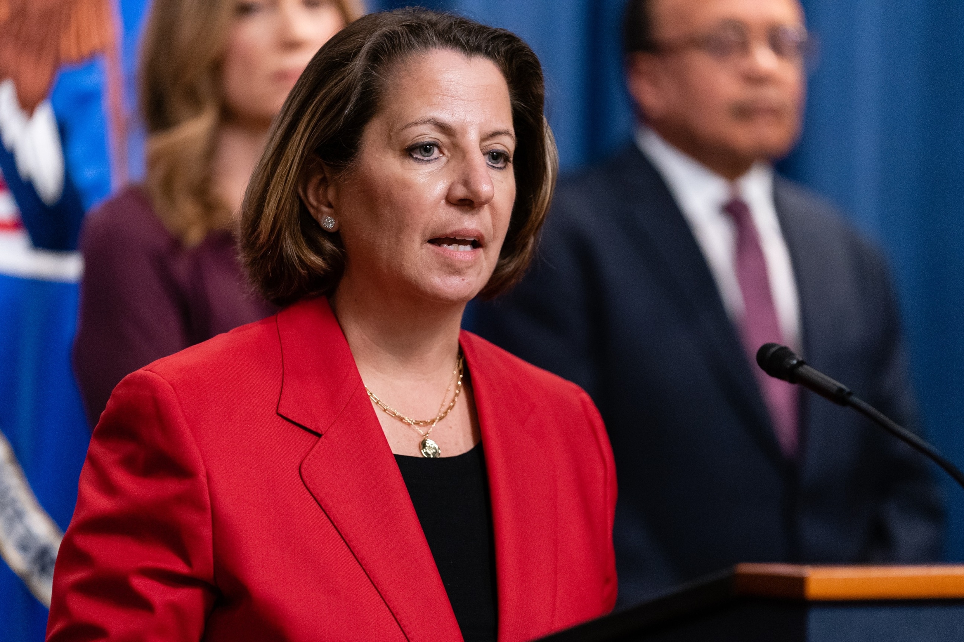 PHOTO: In this April 14, 2023, file photo, Lisa Monaco, deputy US attorney general, speaks during a news conference at the Department of Justice, in Washington, D.C.